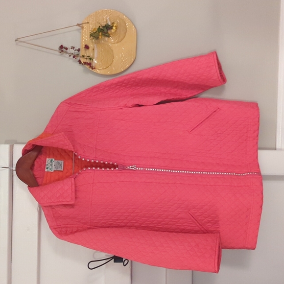 Vintage Quaker Factory Silk Hot Pink Quilted Lightweight Jacket Bling Button M - Picture 3 of 10